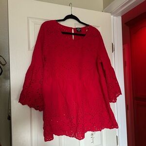 Red Eyelet Bell Sleeve Top